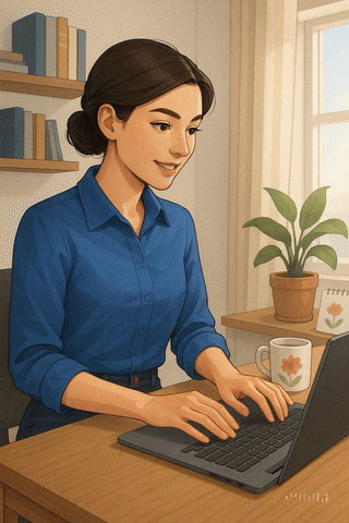 A short video of a woman typing on her computer from her home office