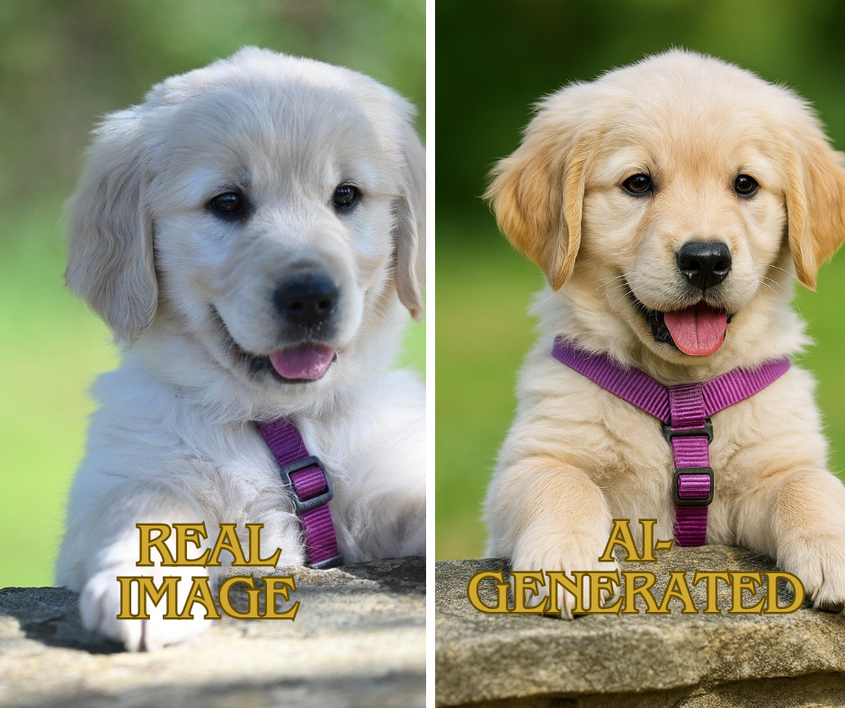 side-by-side comparison of a golden retriever puppy wearing a purple harness: the left photo, labeled “Real Image,” and the right photo, labeled “AI-Generated.